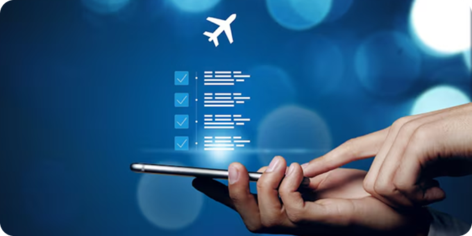 Hand holding a smartphone with a finger touching the screen and a glowing airplane icon and checklist floating above it on a blue background.