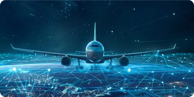 Front view of an airplane flying at night over a city with a digital network grid overlay symbolizing connectivity and data exchange.