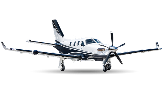 Small private propeller airplane with black and white body on a white background.