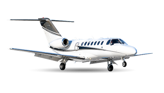 White private jet plane with black and grey accents on its tail and engines, shown from the front-left side on a white background.