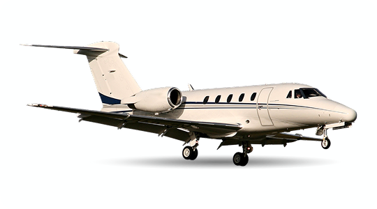 Small private jet airplane in light beige with dark blue stripes, shown landing or taking off on a white background.