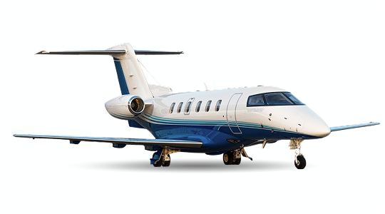 White and blue private jet airplane on ground with its landing gear extended and no visible background.
