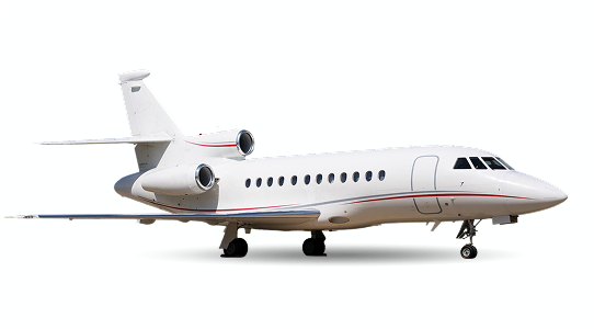 White private jet airplane with three jet engines, parked on the ground against a white background.