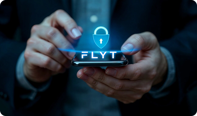 Close-up of hands holding a smartphone with a glowing blue lock icon and the word 'FLYT' hovering above the screen, symbolizing digital security or app protection.