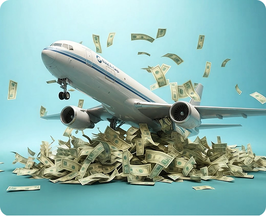 Commercial airplane lifting off with numerous US dollar bills scattered on the ground and floating in the air against a blue background.