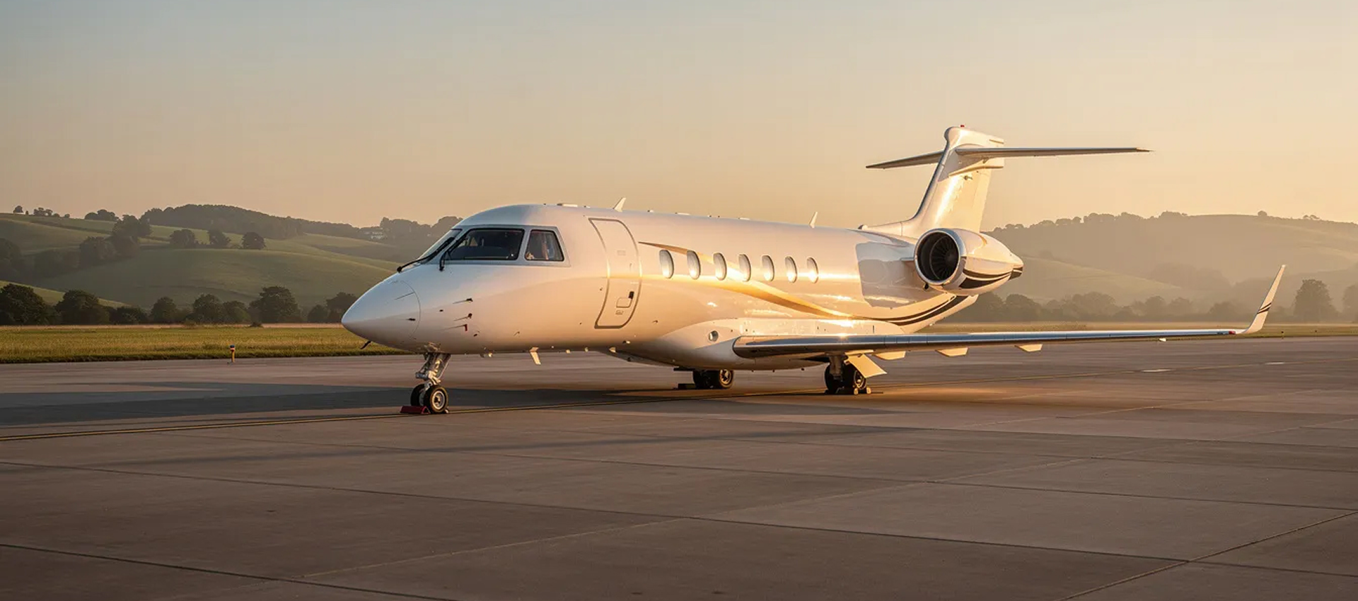 White private jet parked on airport tarmac at sunset with green hills and trees in the background.