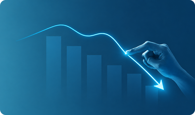 Hand with index finger touching a glowing blue line graph that trends downward over six vertical bars, representing a decline.