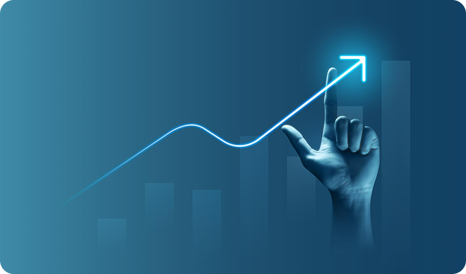 Hand pointing upward with index finger following a glowing upward trending arrow line over a bar chart background, symbolizing growth or progress.