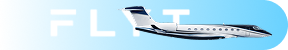 White private jet airplane flying with a blue gradient background and large white letters spelling FLT on the left.