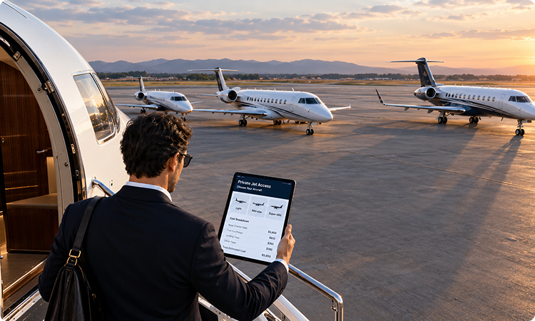 A man wearing a dark suit with a leather bag stands at the open door of a private jet on a tarmac during sunset, holding a tablet showing private jet access options and pricing, with three private jets parked in the background.