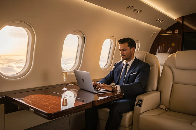 Man in a blue suit working on a laptop inside a private jet with a glass of champagne on the wooden table beside him, windows showing a view of clouds and sky.