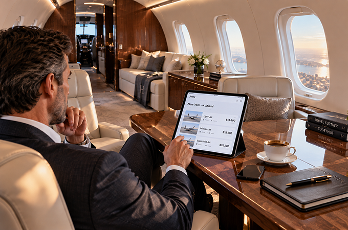 Man in a suit seated inside a luxurious private jet cabin, looking at a tablet displaying jet options and prices for a New York to Miami flight, with a table holding a cup of coffee, smartphone, notebook, pen, and stacked books nearby.