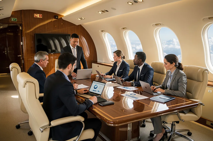 Five businesspeople in formal attire seated around a polished wooden conference table inside a private jet, working on laptops and reviewing printed charts while one man stands and speaks.