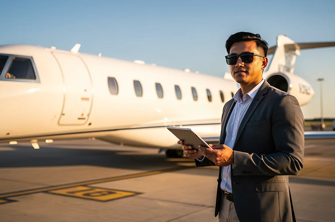 Man in a suit and sunglasses holding a tablet, standing on an airport tarmac in front of a white private jet during golden hour.