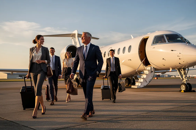 Five professionally dressed businesspeople walking on an airport tarmac away from a white private jet, each carrying luggage and looking confident.