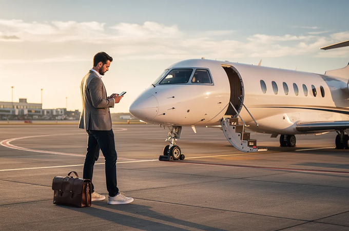 A man in a blazer and dark pants standing on an airport tarmac next to a leather briefcase while looking at his smartphone, with a white private jet nearby and its door open.