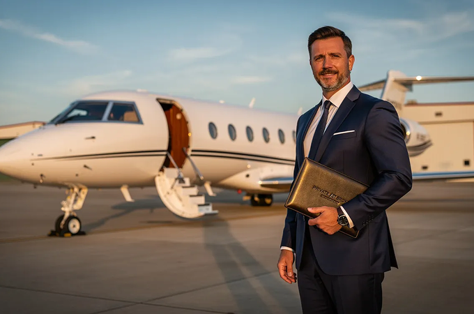 Confident man in a navy blue suit holding a black portfolio labeled 'PRIVATE JET SERVICES' standing near a white private jet with its door open on a runway during sunset.