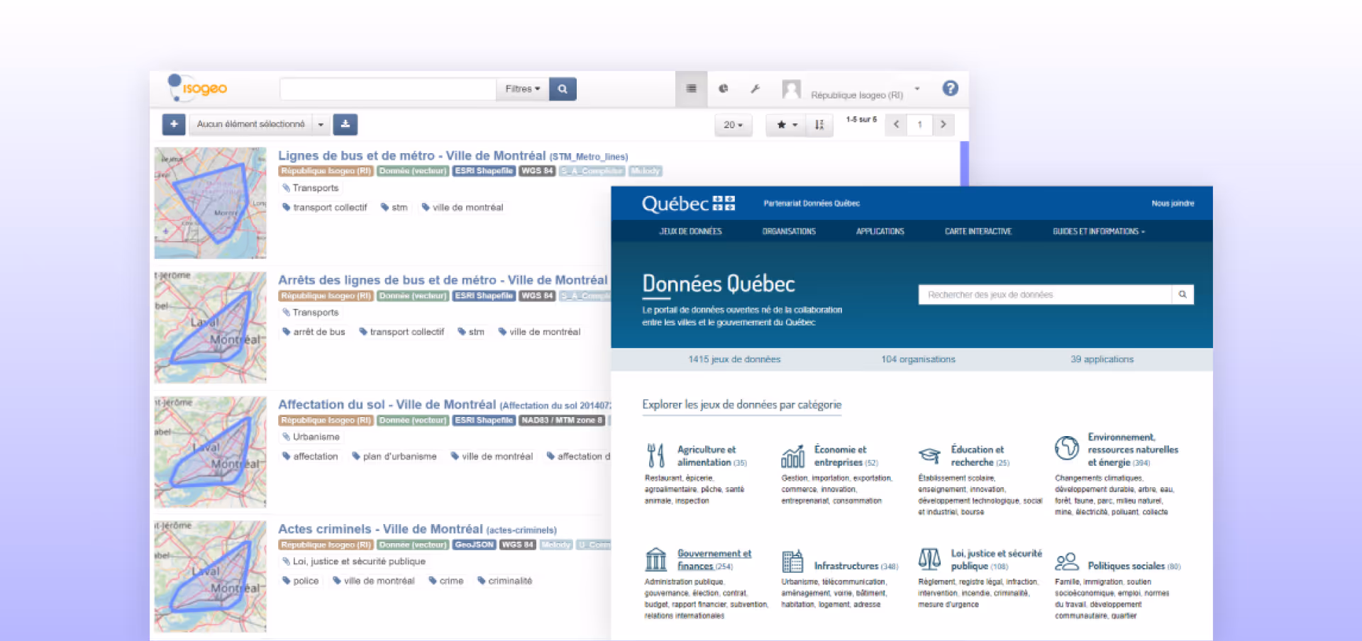 Capture de la plateforme Isogeo affichant des données géospatiales cataloguées