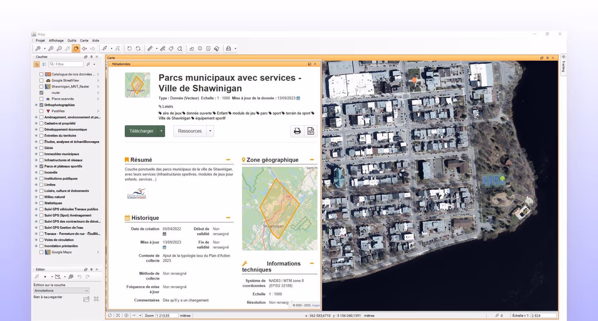 Capture de la visualisation d'une fiche de métadonnées Isogeo dans JMap