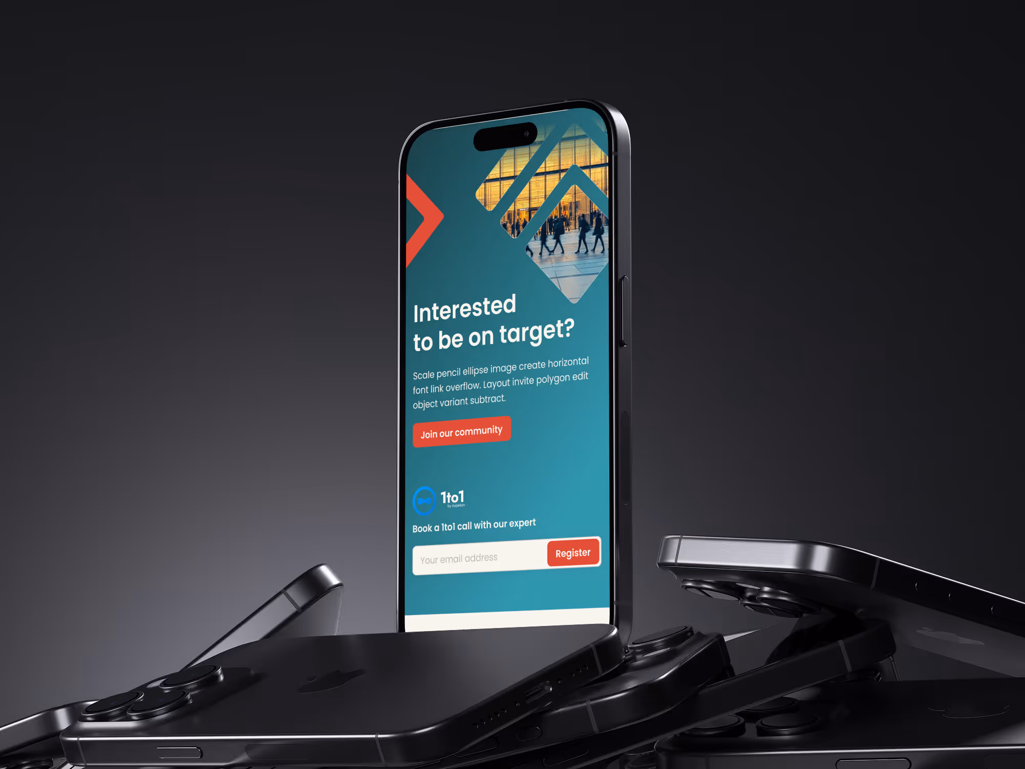 Black smartphone displaying a teal screen with text, a cityscape image inset, and buttons for joining a community and registering with an email.