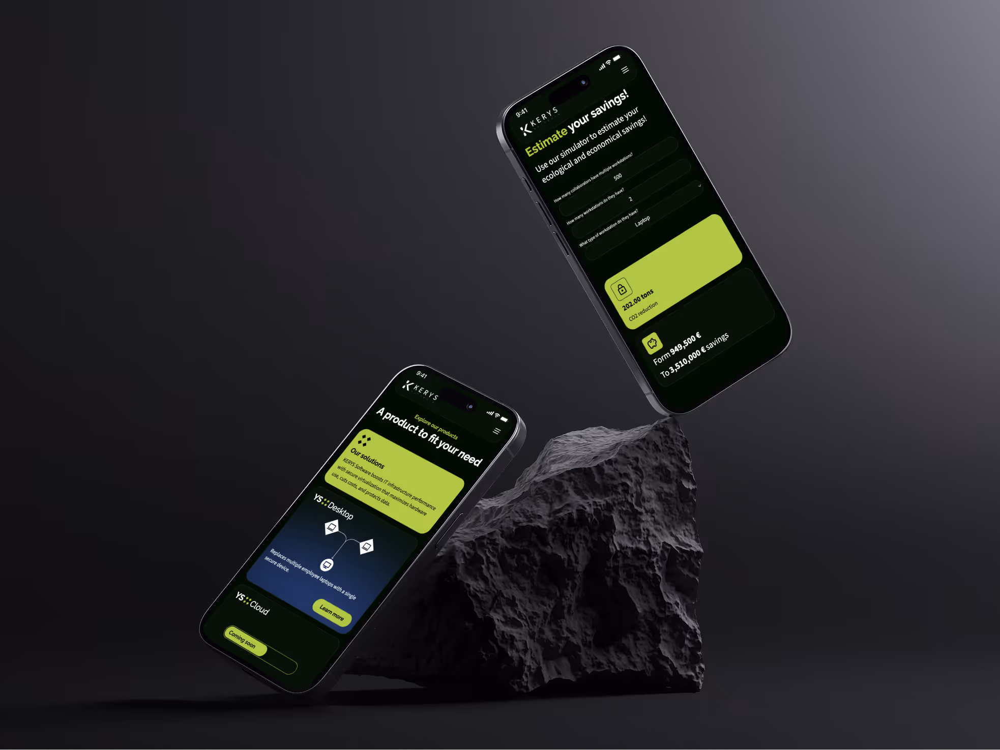 Two smartphones displaying the Kerys software interface with product information and savings estimator on a dark background with a textured rock.