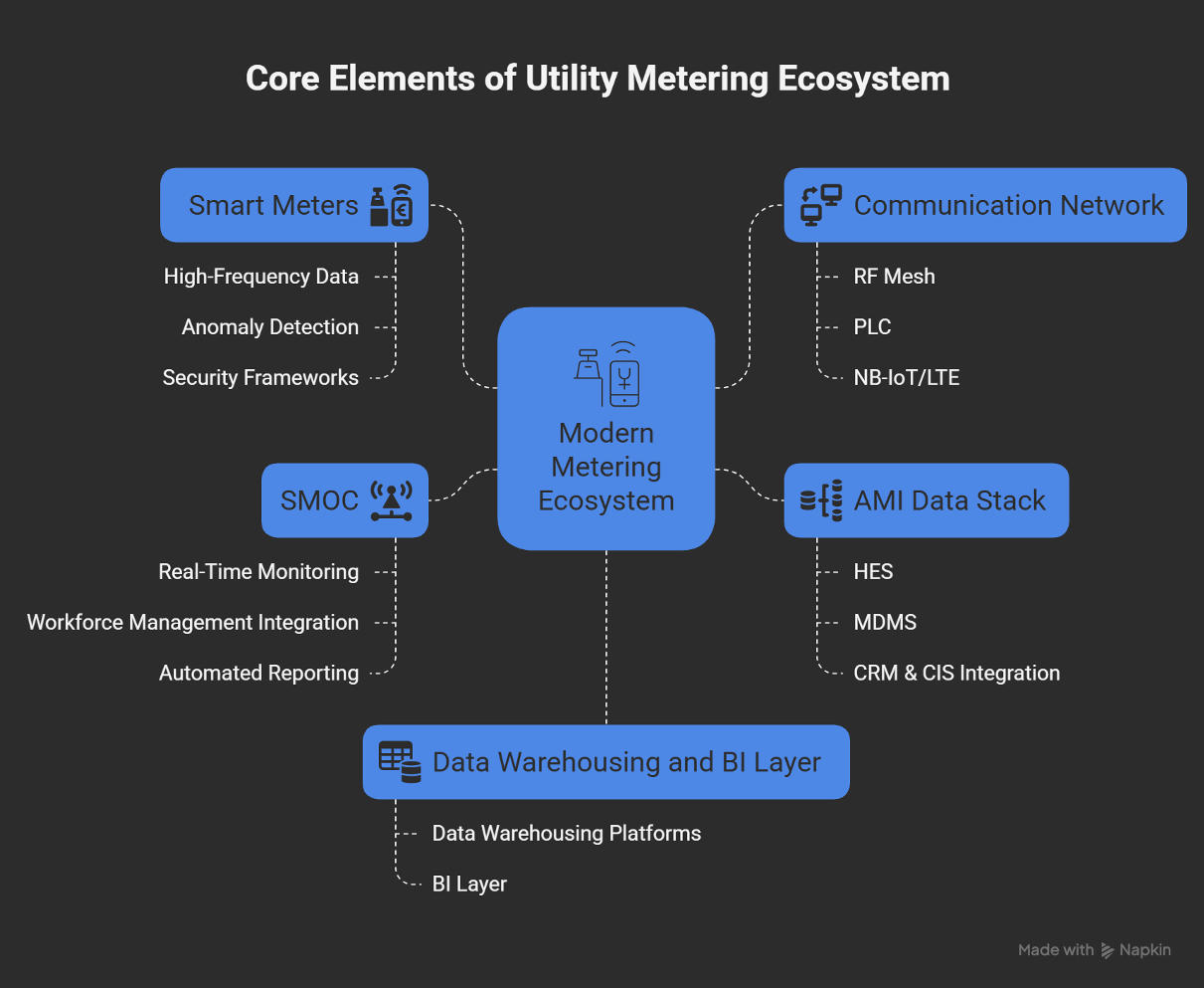 Diagram showing core elements of a modern utility metering ecosystem including smart meters, communication network, AMI data stack, SMOC, and data warehousing layer