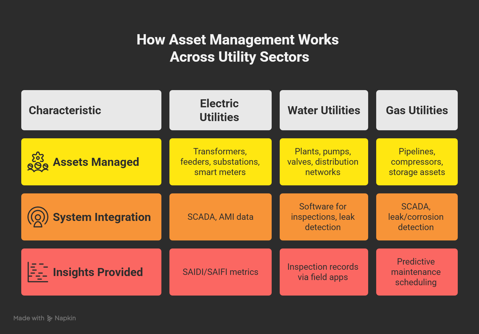 Visual guide to utility asset management framework showing assets, systems, and insights for electric, water, and gas utility sectors.