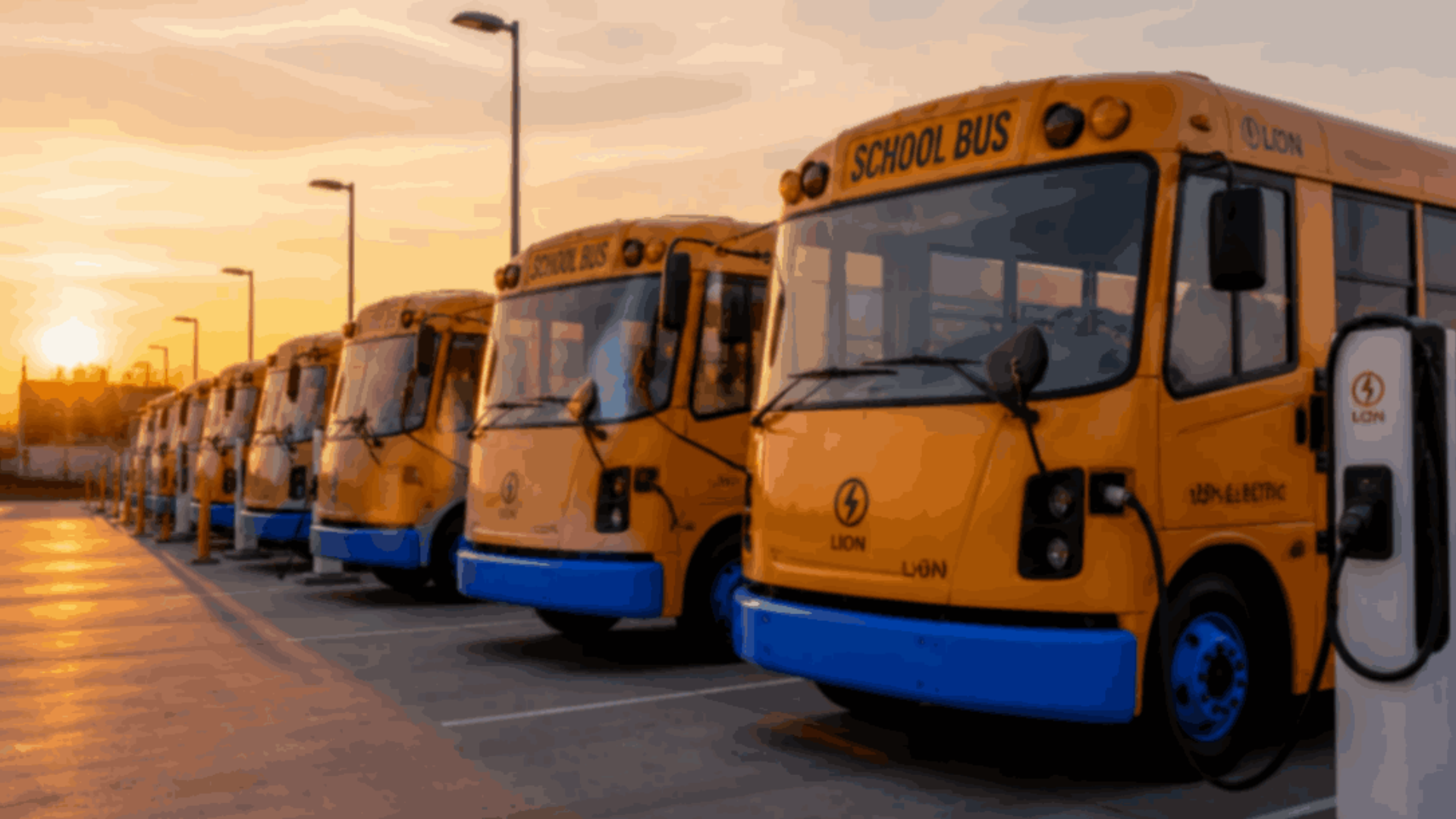 A row of electric yellow school buses plugged into charging stations at a depot, with power infrastructure in the background.