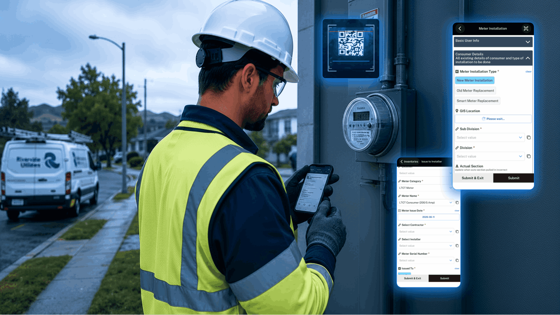 Utility field technician installing a smart meter using a mobile app with on-site meter and inventory capture.