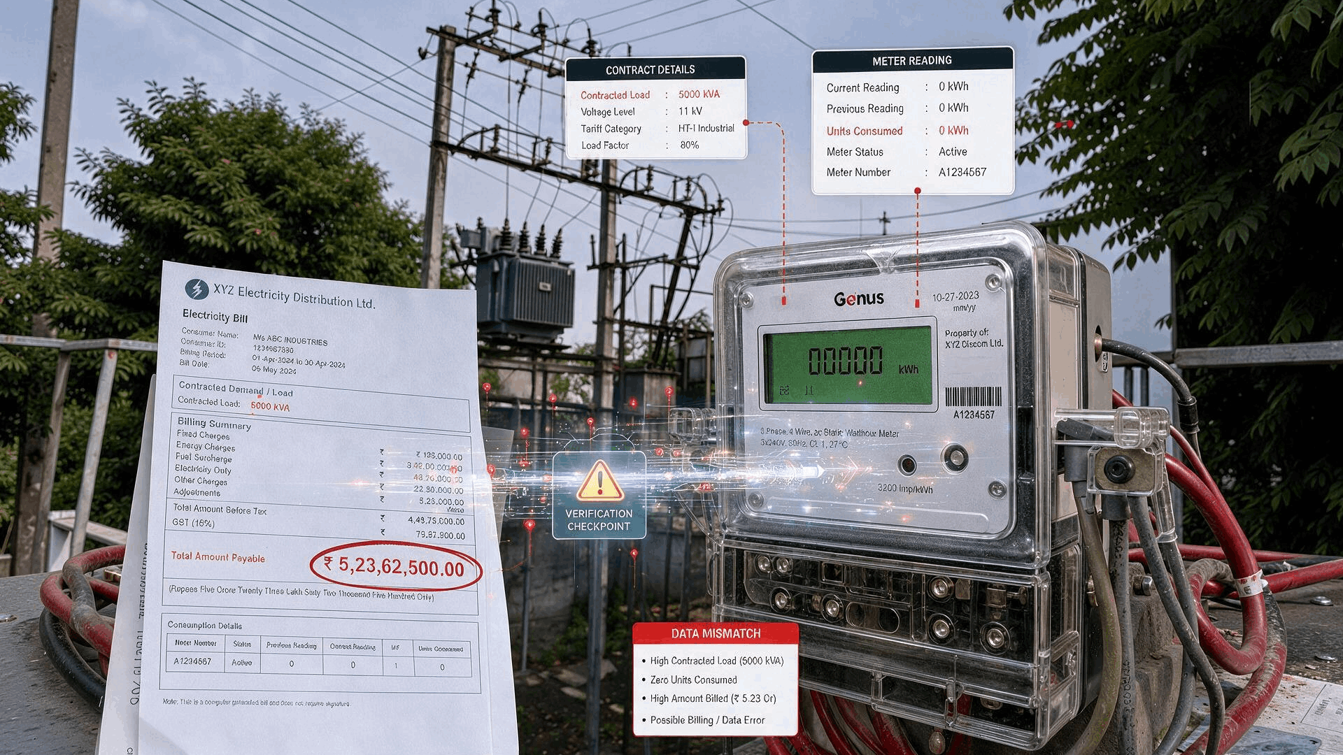 Illustration of an electricity bill showing a 5,000 kVA contracted load billed against a meter reading of zero units consumed, flagged as a data mismatch.