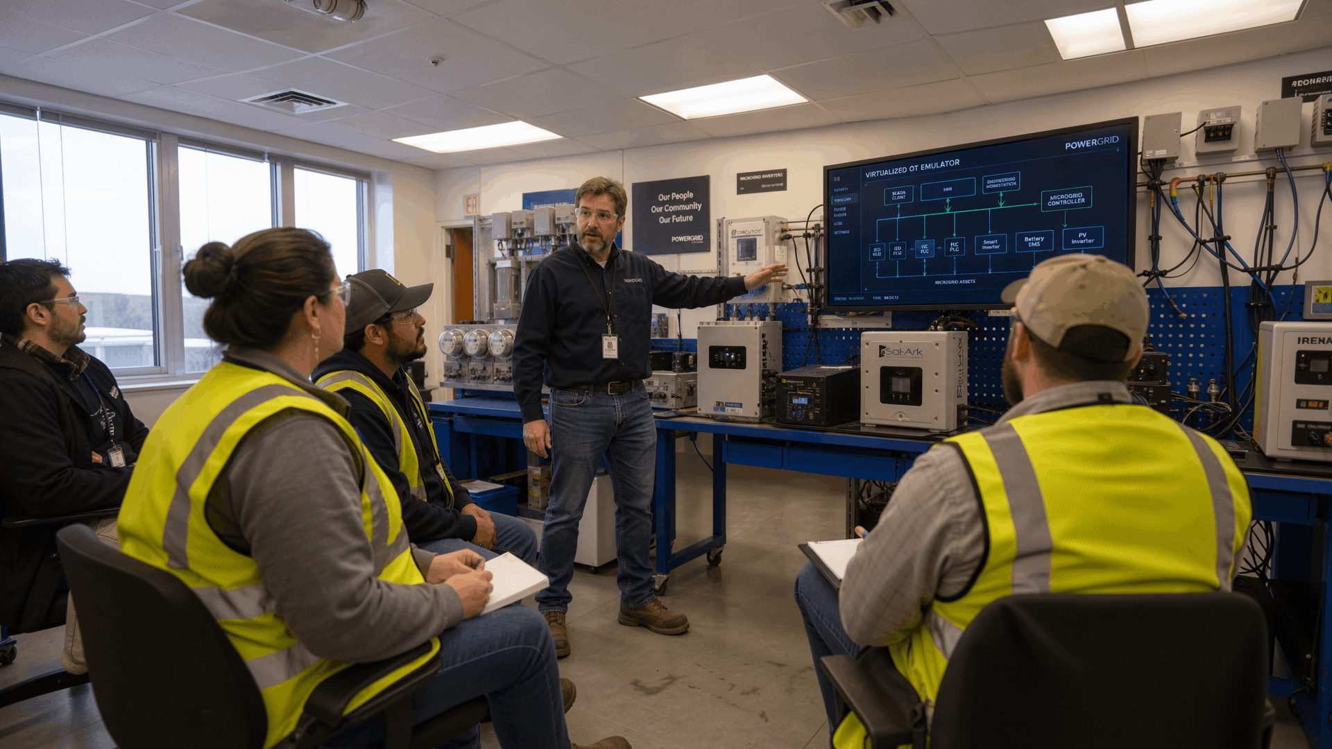 Utility trainer explains grid equipment and digital monitoring systems to field workers in a control-room training lab.
