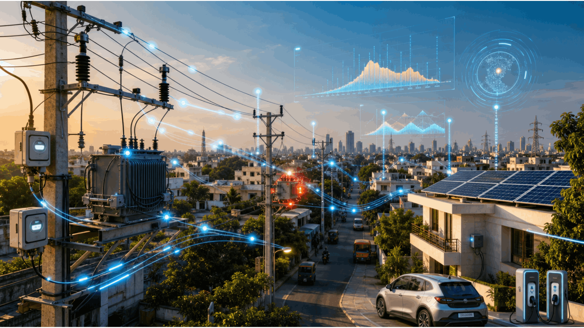 AI-enabled smart grid connecting power lines, a distribution transformer and urban infrastructure with real-time data and predictive analytics.