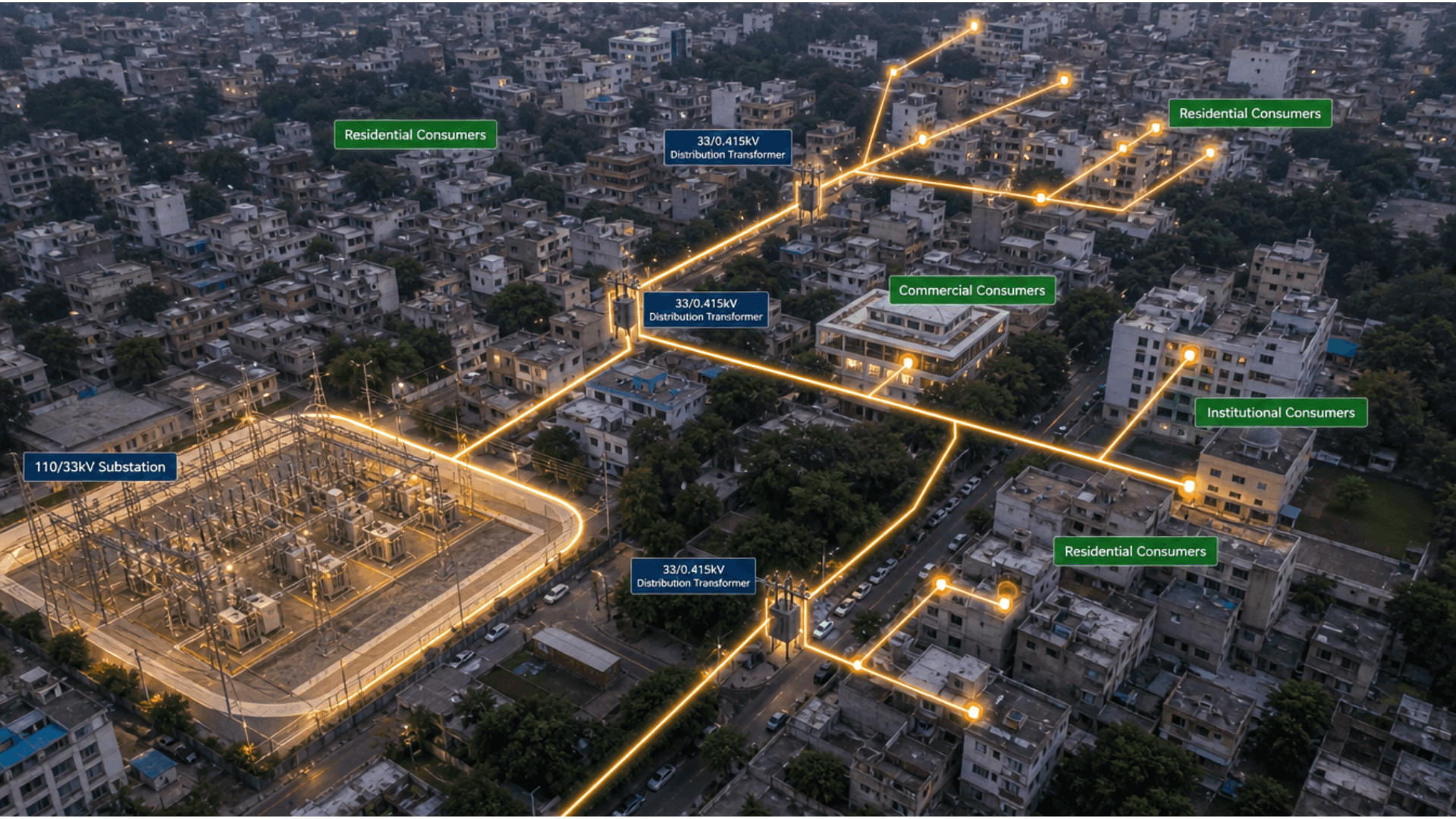 Aerial view of a Delhi power distribution network showing electricity flowing from a substation through distribution transformers