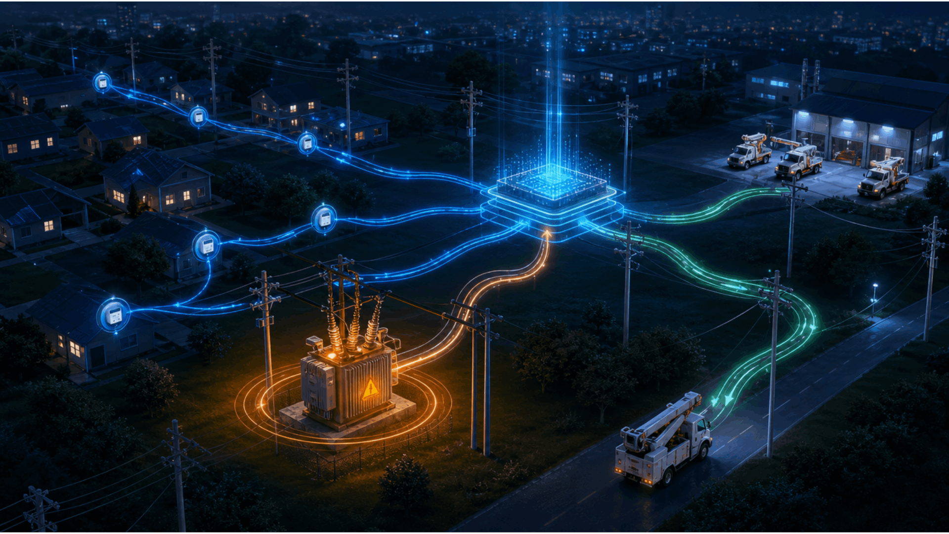 AMI data from connected smart meters flows through an operational system to a flagged transformer and the assigned utility maintenance crew.
