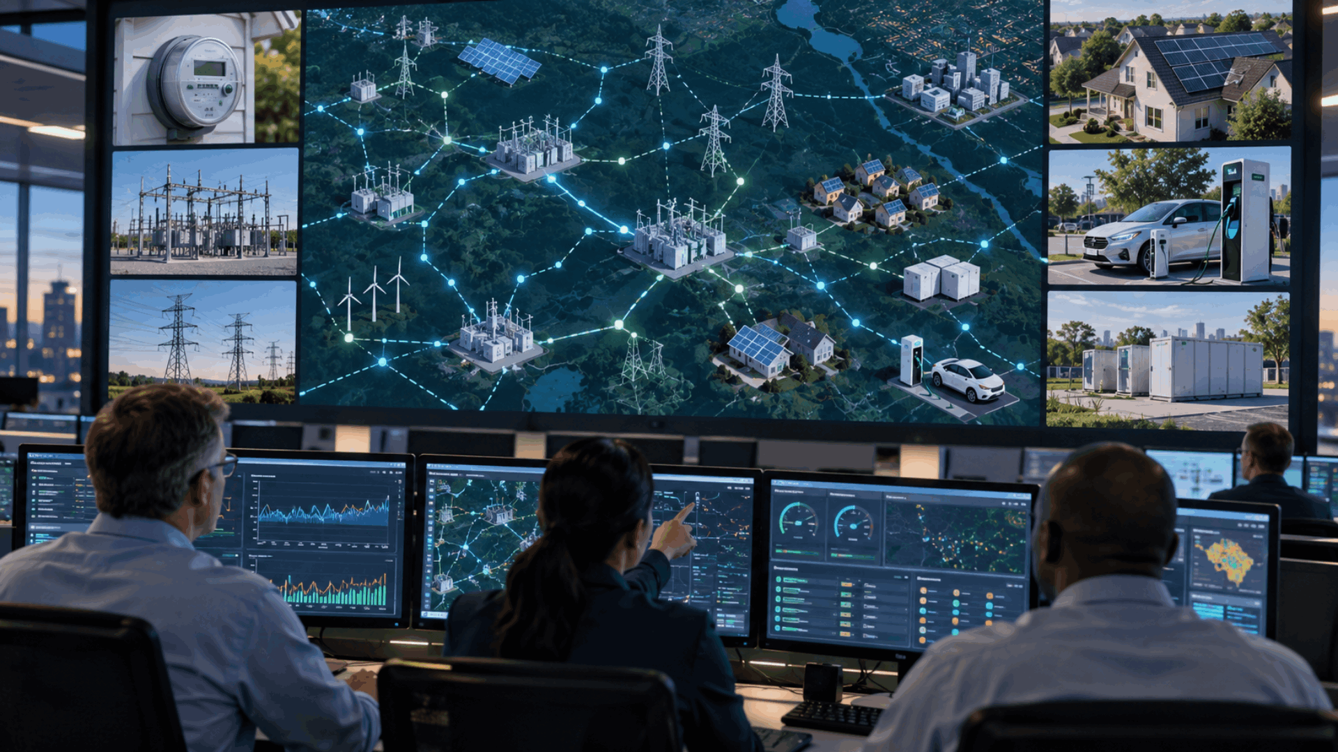 Utility control room monitoring a digital electricity grid with substations, smart meters, rooftop solar, EV charging and battery storage