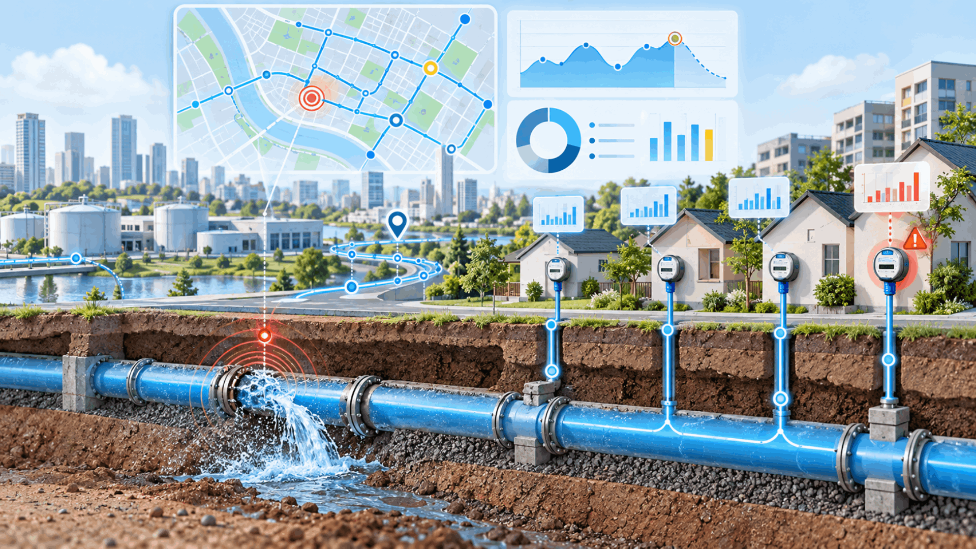 Smart water distribution network showing an underground pipe leak, smart water meters, GIS mapping and analytics used to identify non-revenue water.