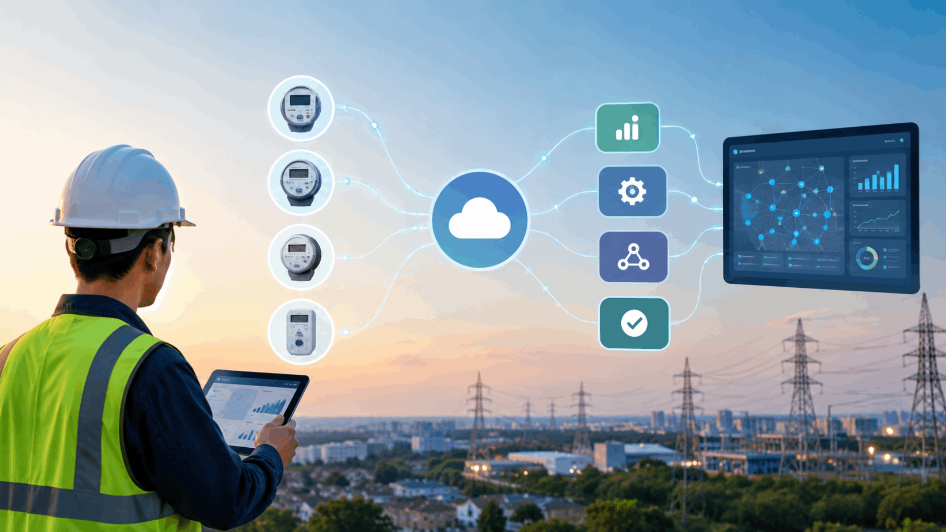 Utility worker viewing smart meter data connected across multiple systems in a smart grid network.