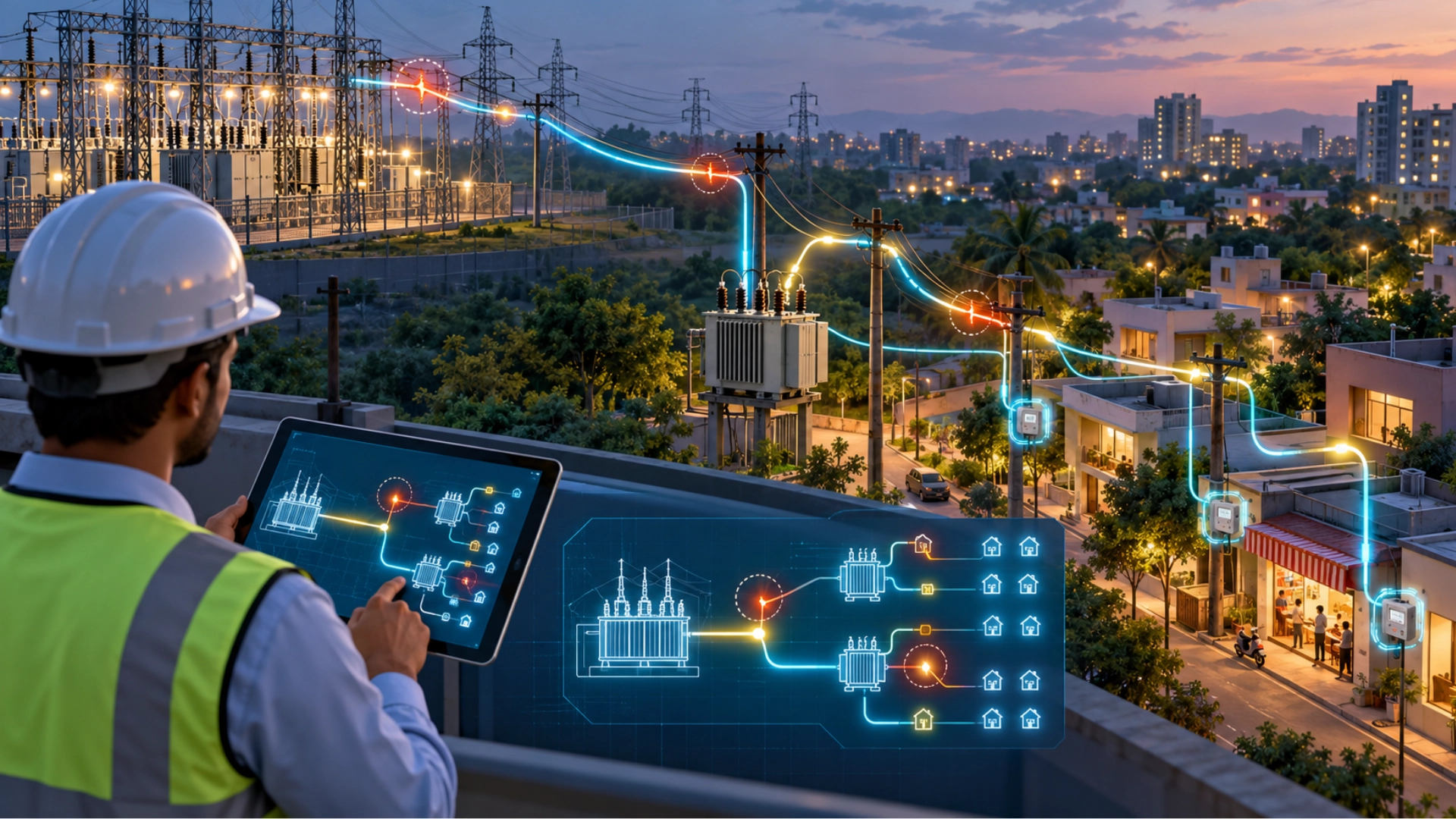 Utility engineer monitoring electricity flow across feeders, distribution transformers and consumers to identify where AT&C losses are concentrated.