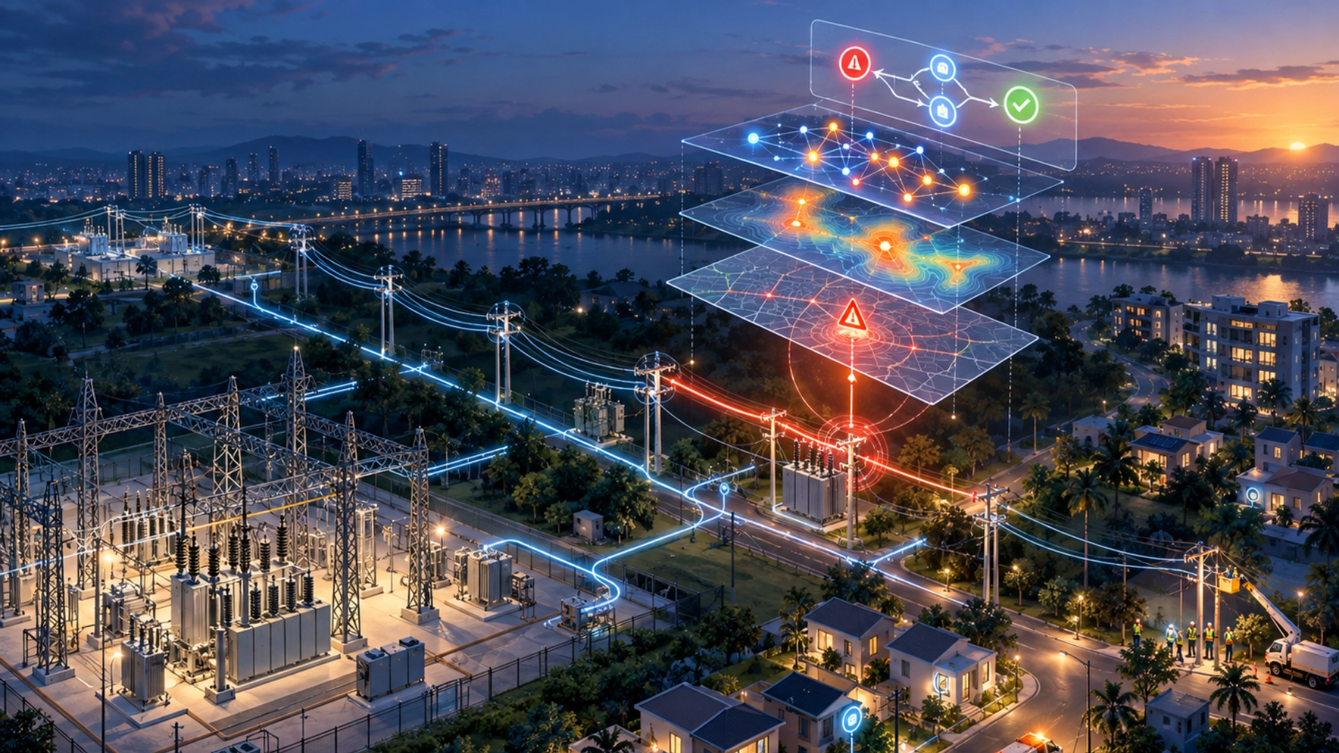 Smart utility grid with substations, transformers, smart meters and analytics layers highlighting operational risks and actions.