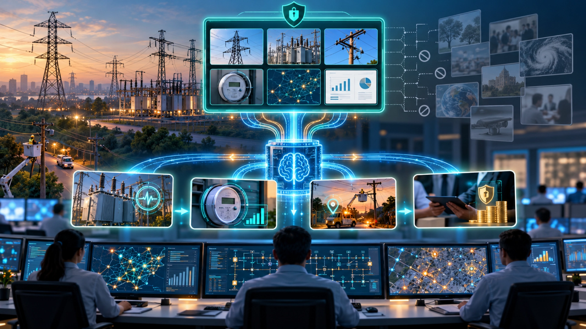 Utility control room with AI analysing power grid data, connecting operational workflows and restricting access to selected reports.