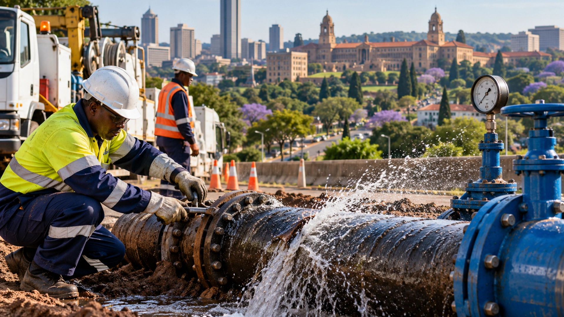 Water utility workers repairing a leaking municipal pipeline near a pressure-control valve in an urban South African setting.