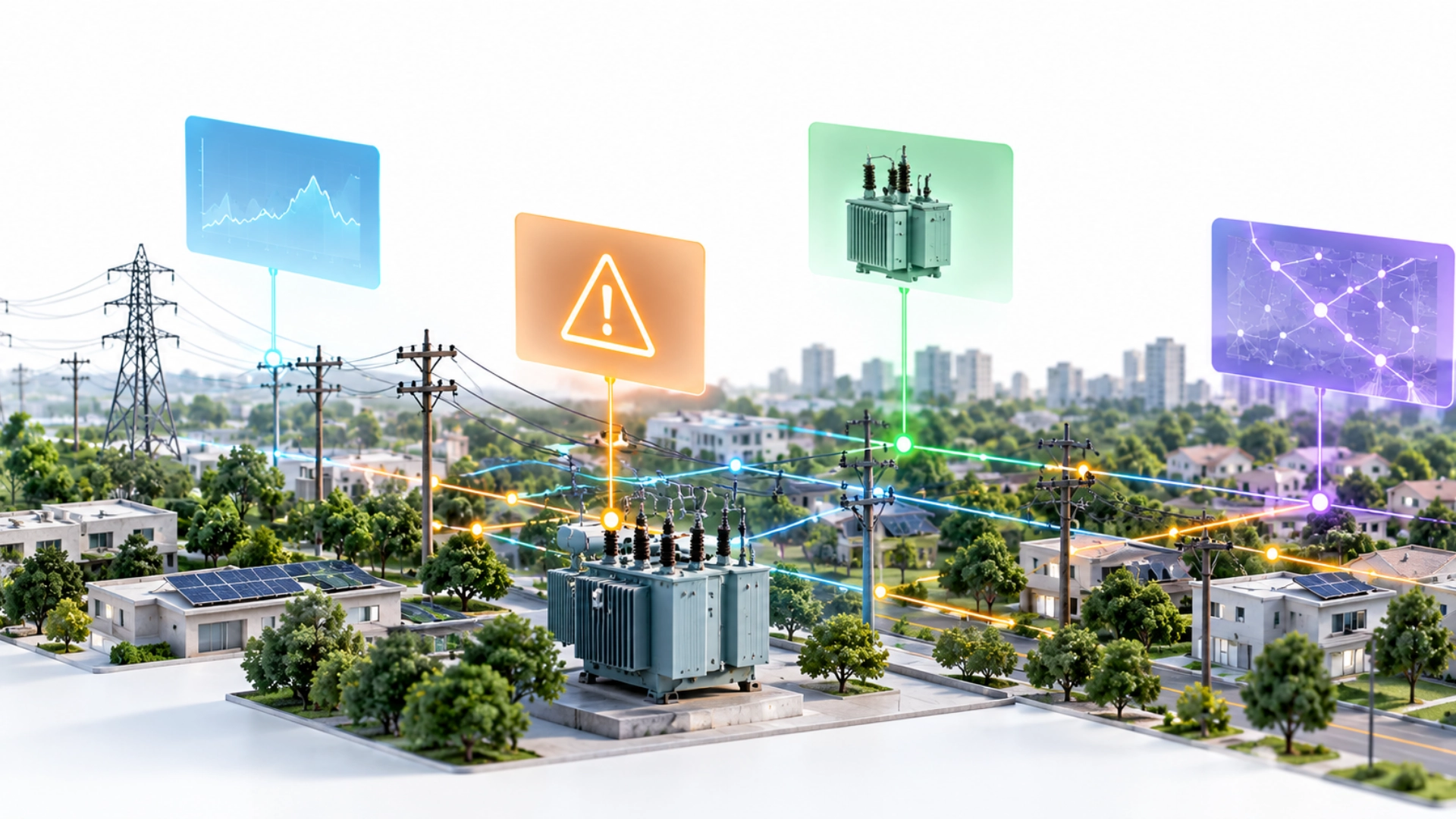 Illustration of a distribution grid with connected transformers, rooftop solar, sensor data and monitoring alerts representing continuous grid awareness.