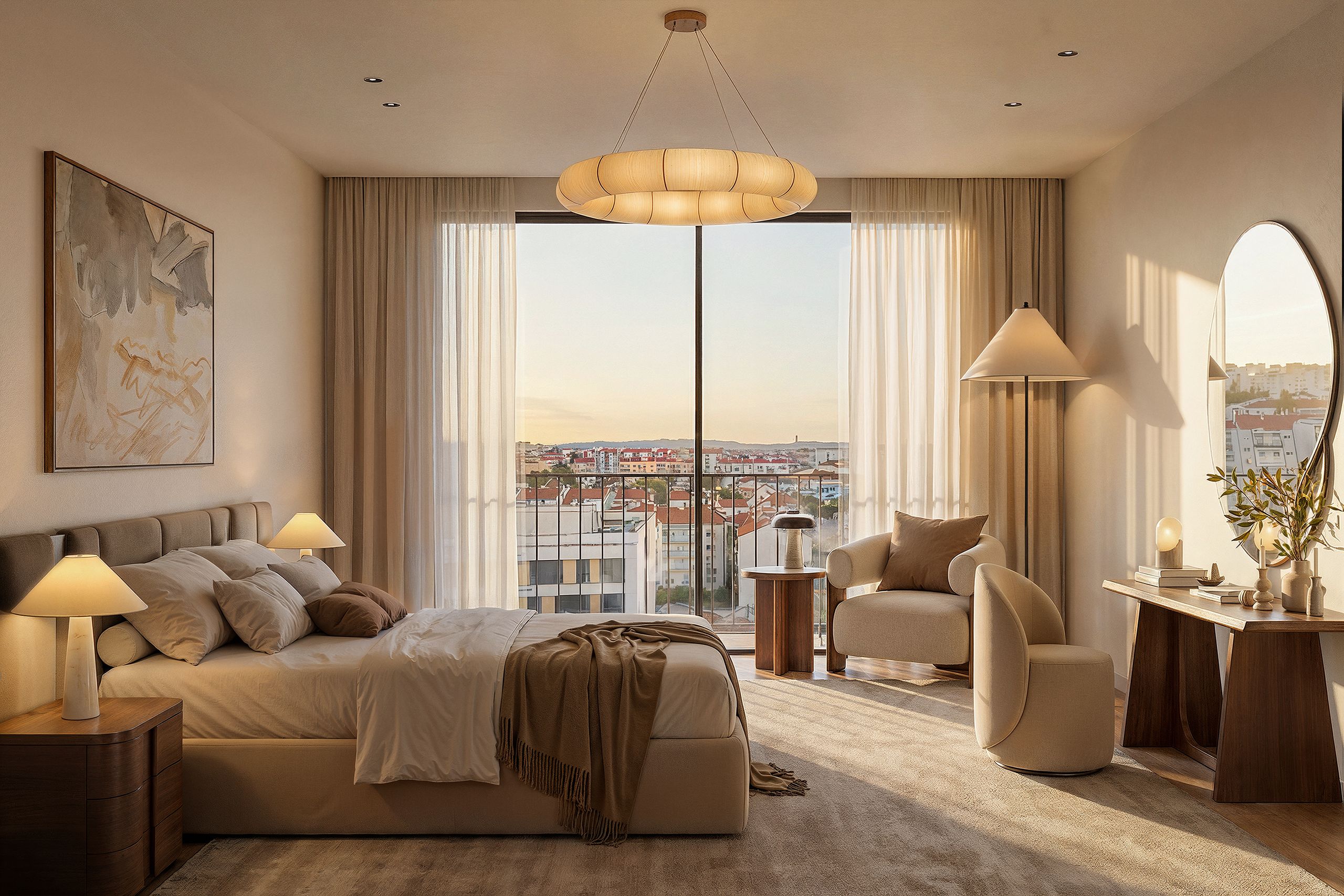Quarto principal em tons neutros com cama de casal, cadeirão e janela com vista sobre a cidade.