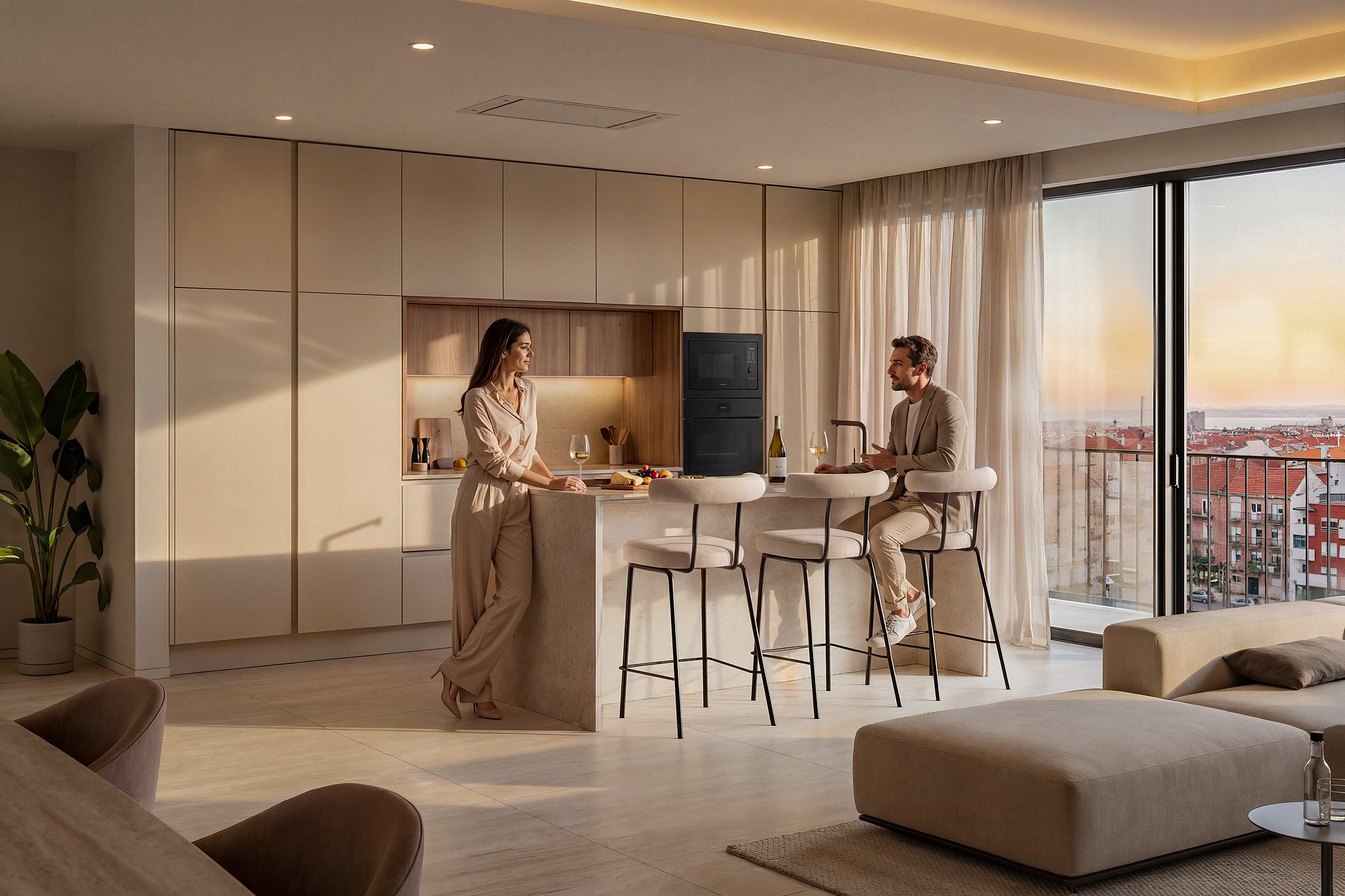Casal na cozinha com ilha e bancos altos, com varanda e vista para a cidade ao pôr do sol.