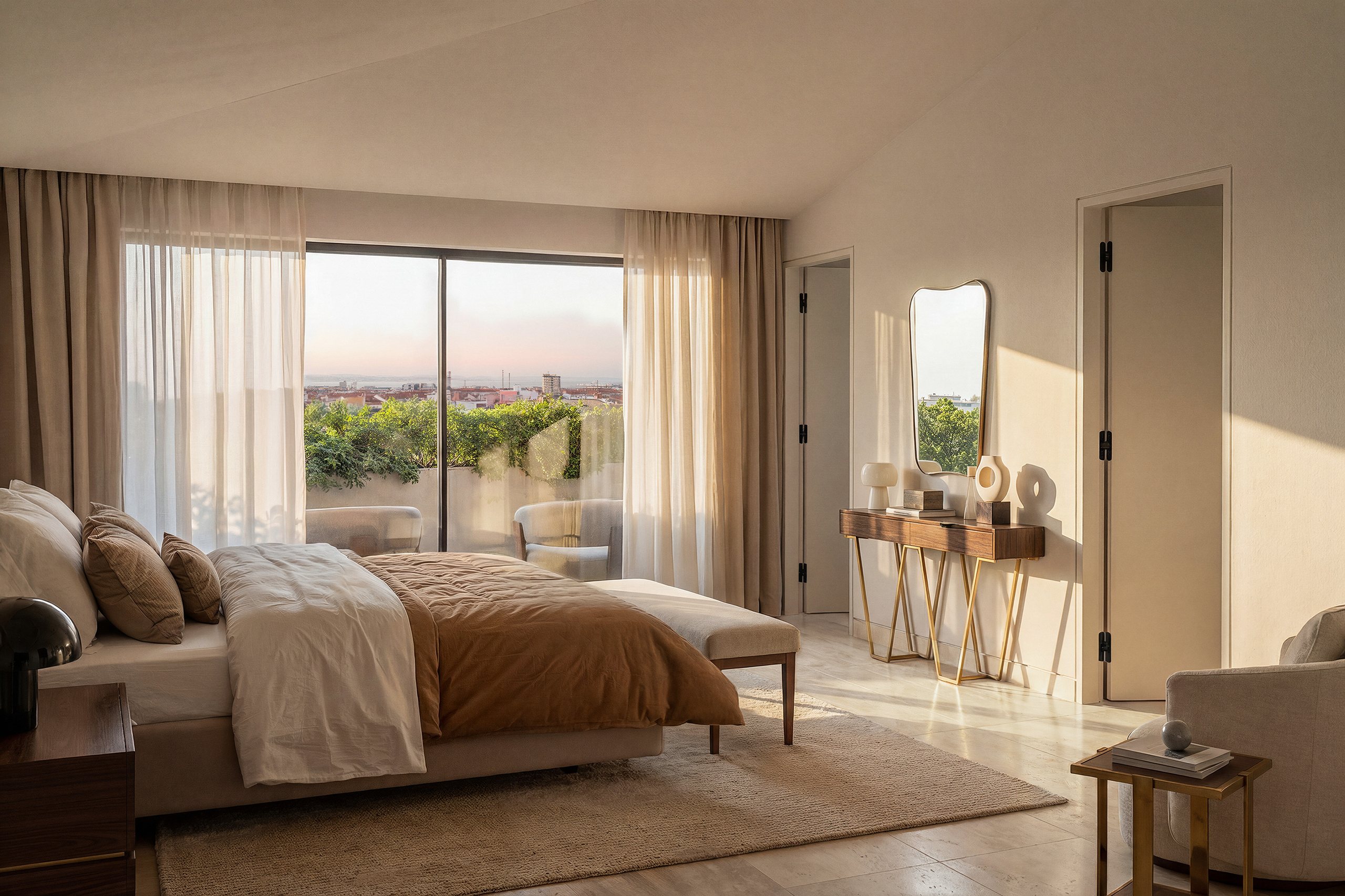 Quarto com cama de casal, consola com espelho e janela com vista para a vegetação.
