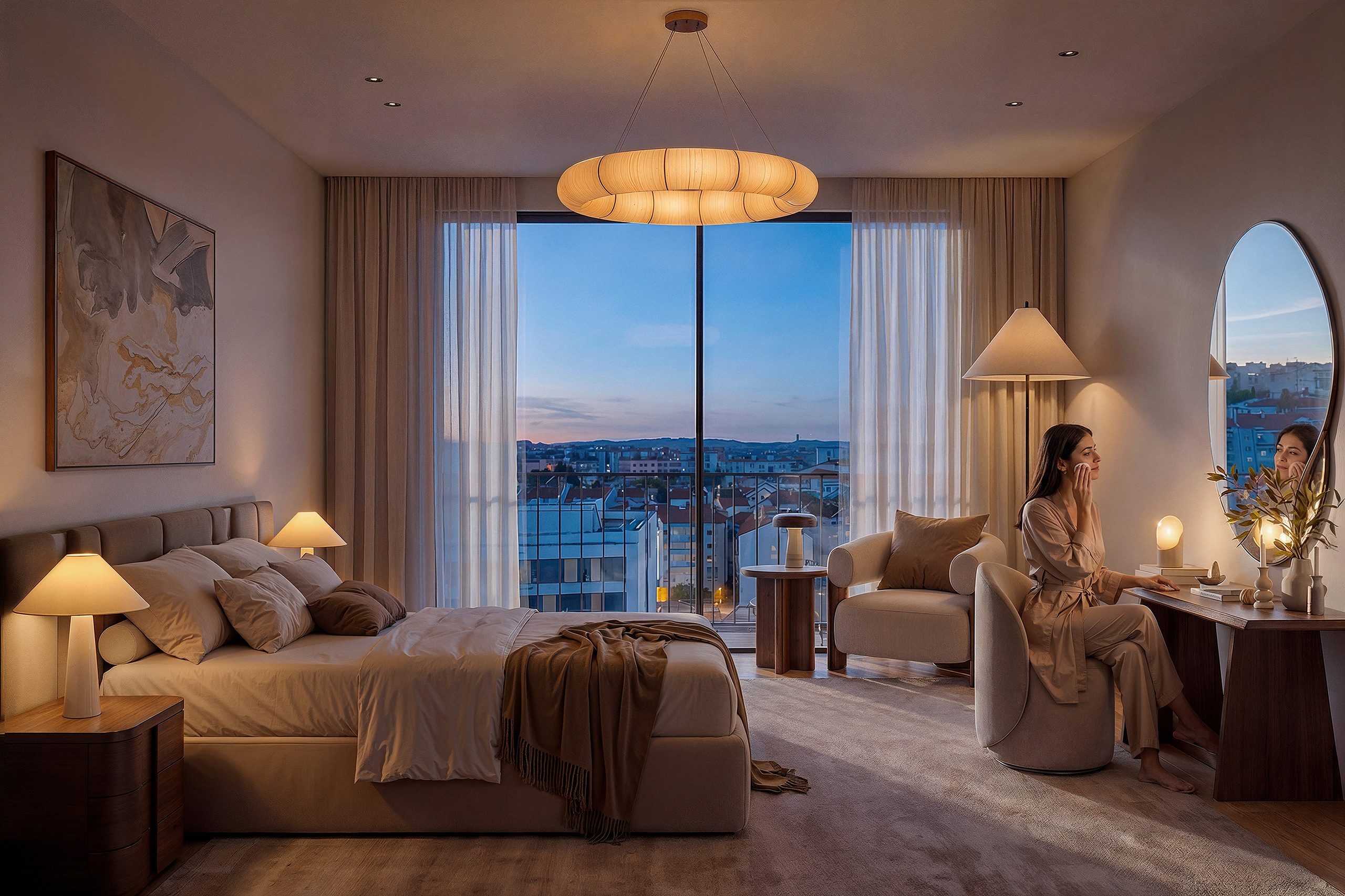 Mulher sentada ao toucador num quarto iluminado ao anoitecer com vista para a cidade.