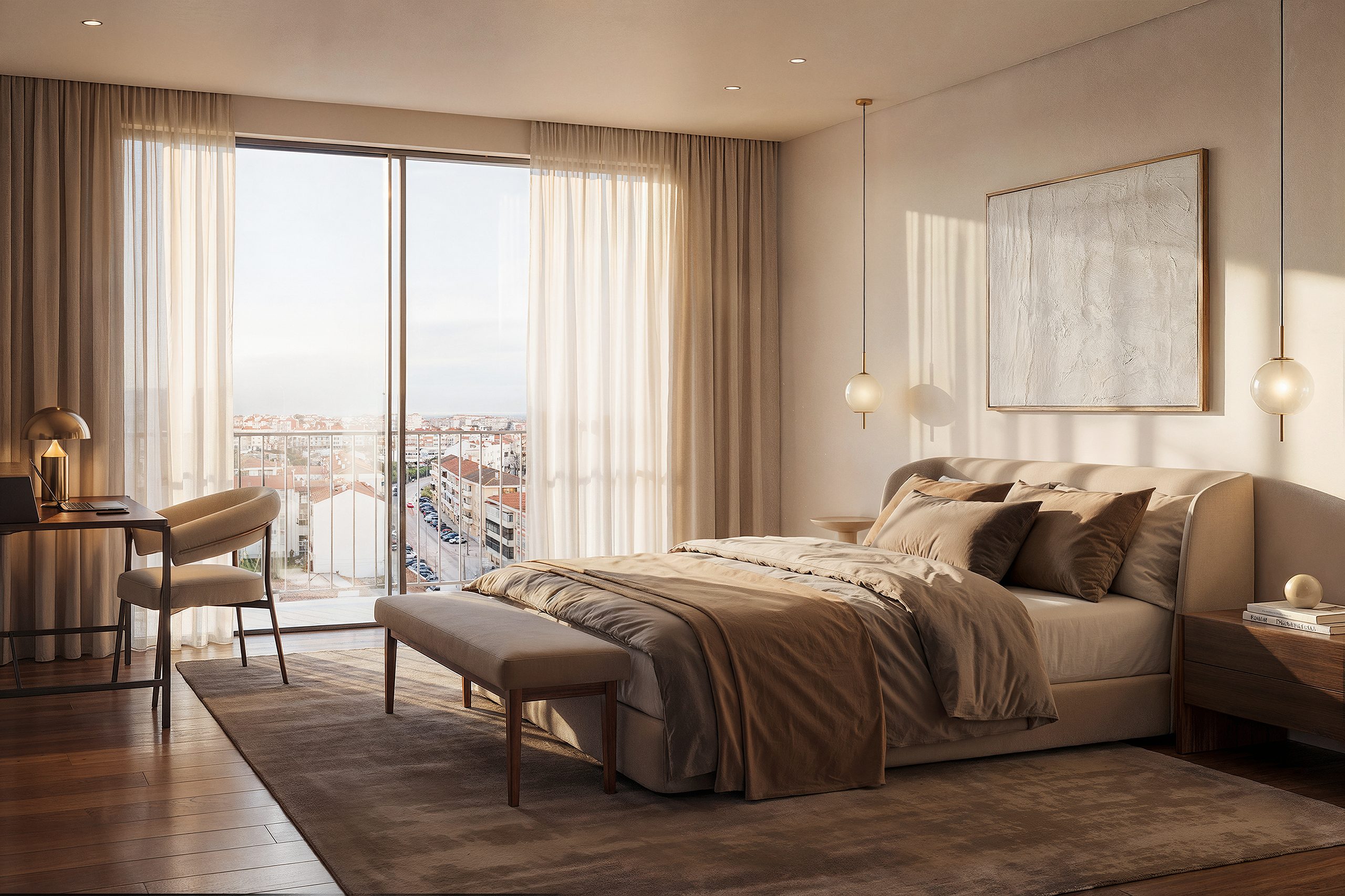 Quarto luminoso com janelas do chão ao teto, cama de casal e secretária junto à janela.