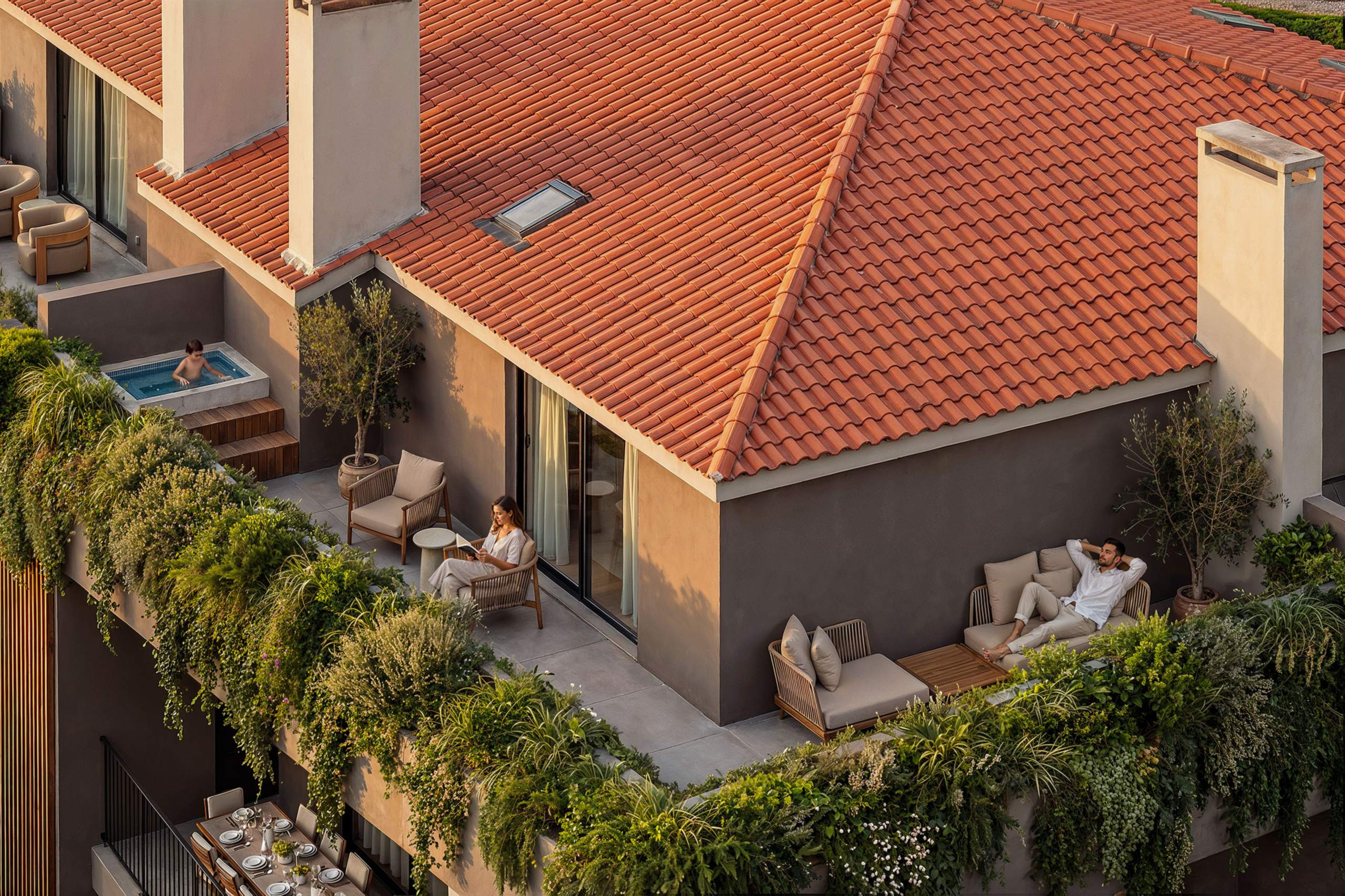 Terraço na cobertura do Edifício Bocage com jacuzzi, espreguiçadeiras e vegetação pendente.