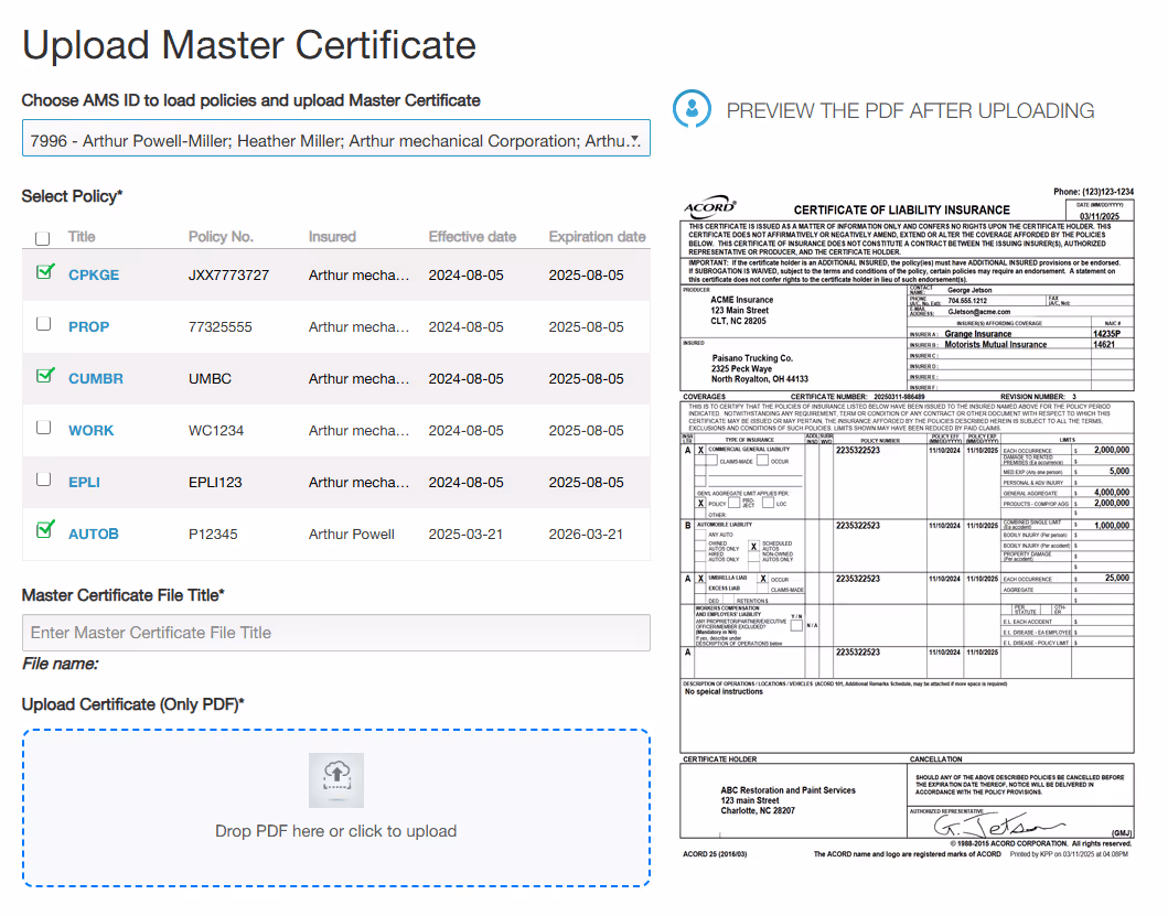 Example Dashboard of How COI's Look and Work from Insurance Agent App
