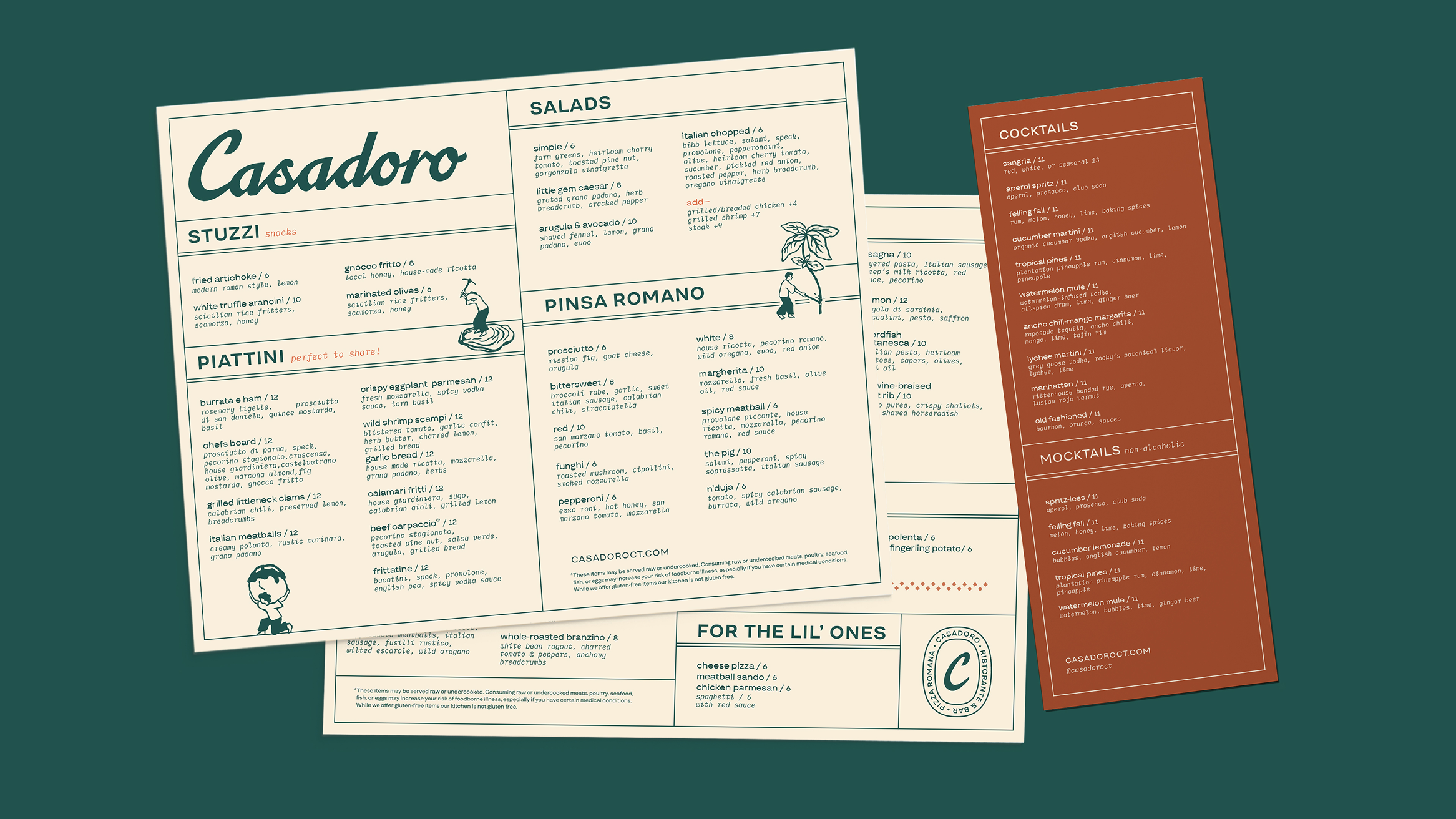 A mockup featuring two iPhones displaying the Casadoro Instagram profile. One screen shows the profile with logo, bio, follower count, and call-to-action buttons. The other displays a visually engaging feed with high-quality food and drink photography, utilizing a consistent color palette and grid layout.